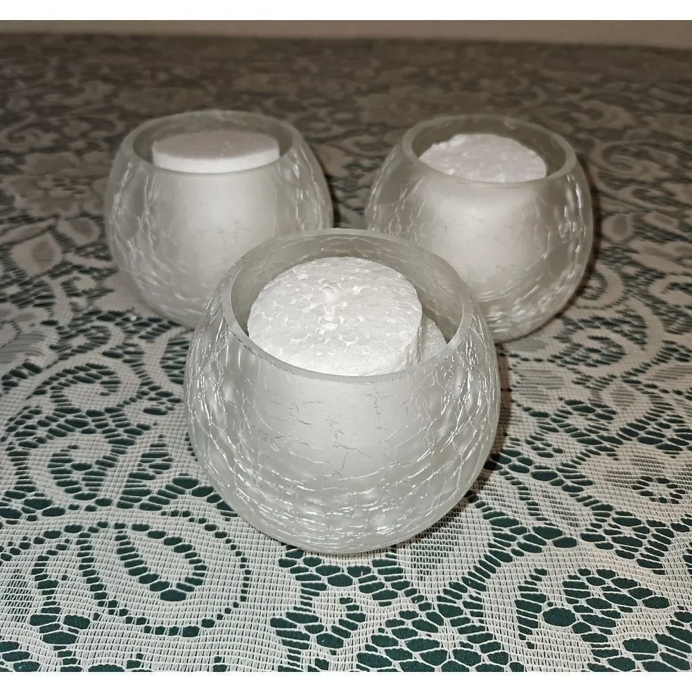 Set Of 3 White Frosted Crackle Glass Votive Candle Holders